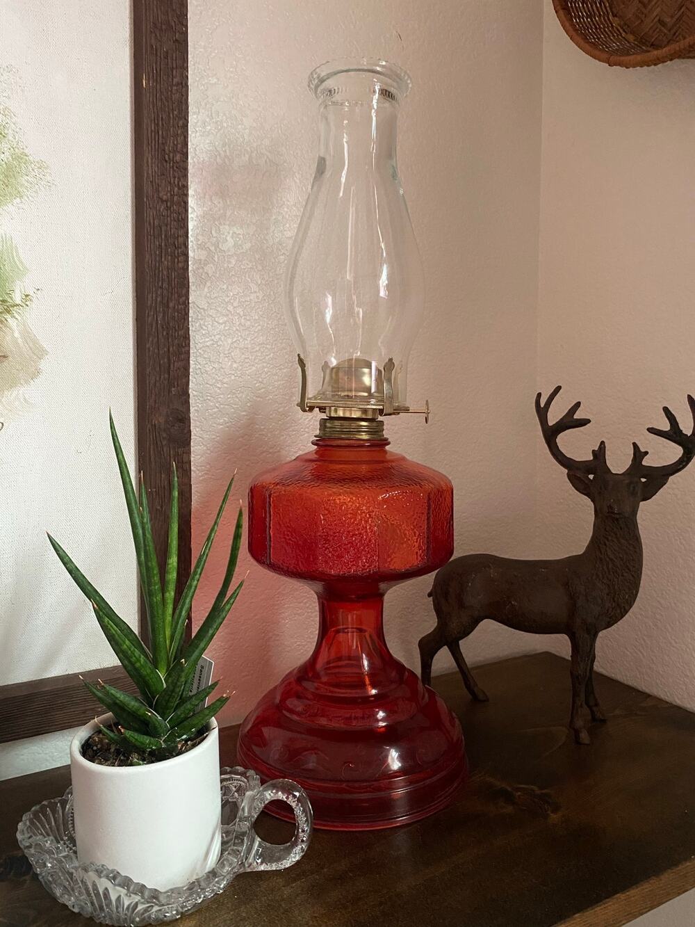 Vintage Red Glass Oil Lamp Eagle Burner Glass Oil Lamp With Beaded Glass Chimney